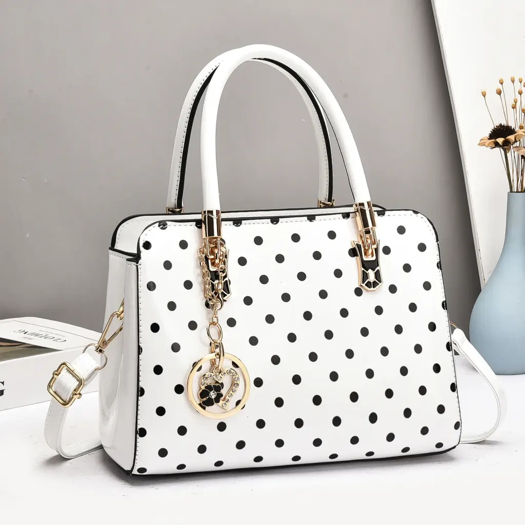 Women’s Patent Leather Boston Bag With Polka Dots And Square Shape Featuring Sewing Thread