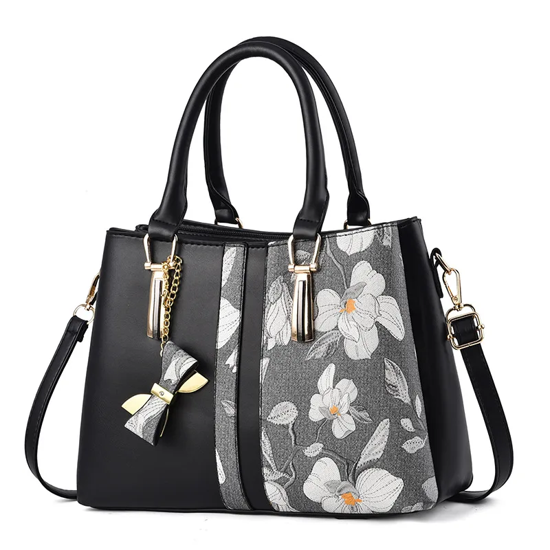 Large Classic Style Flowers PU Leather Women’s Top Handle Shoulder Bag With Zipper Closure