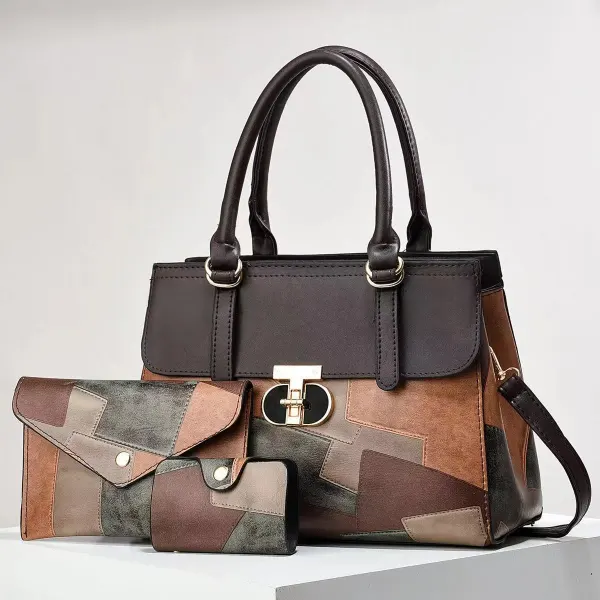 Women’s Color Block Square PU Leather Bag Set With Top Handle, Featuring Large Capacity