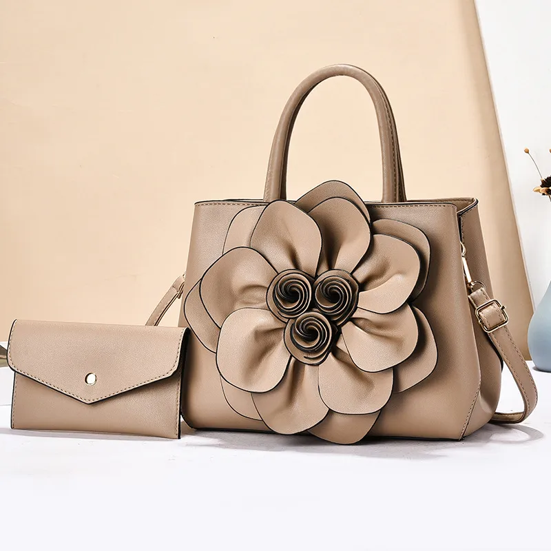 Solid Color Square PU Leather Bag Set For Women Featuring Floral Fashion Element With Single Shoulder Strap