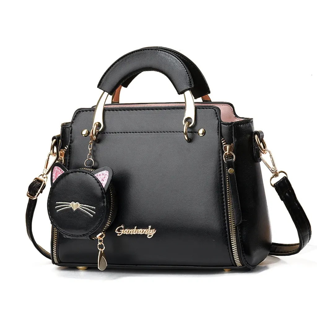 Women’s PU Leather Cat Handbag With Square Shape And Sewing Thread Detail, Featuring Top Handle Design