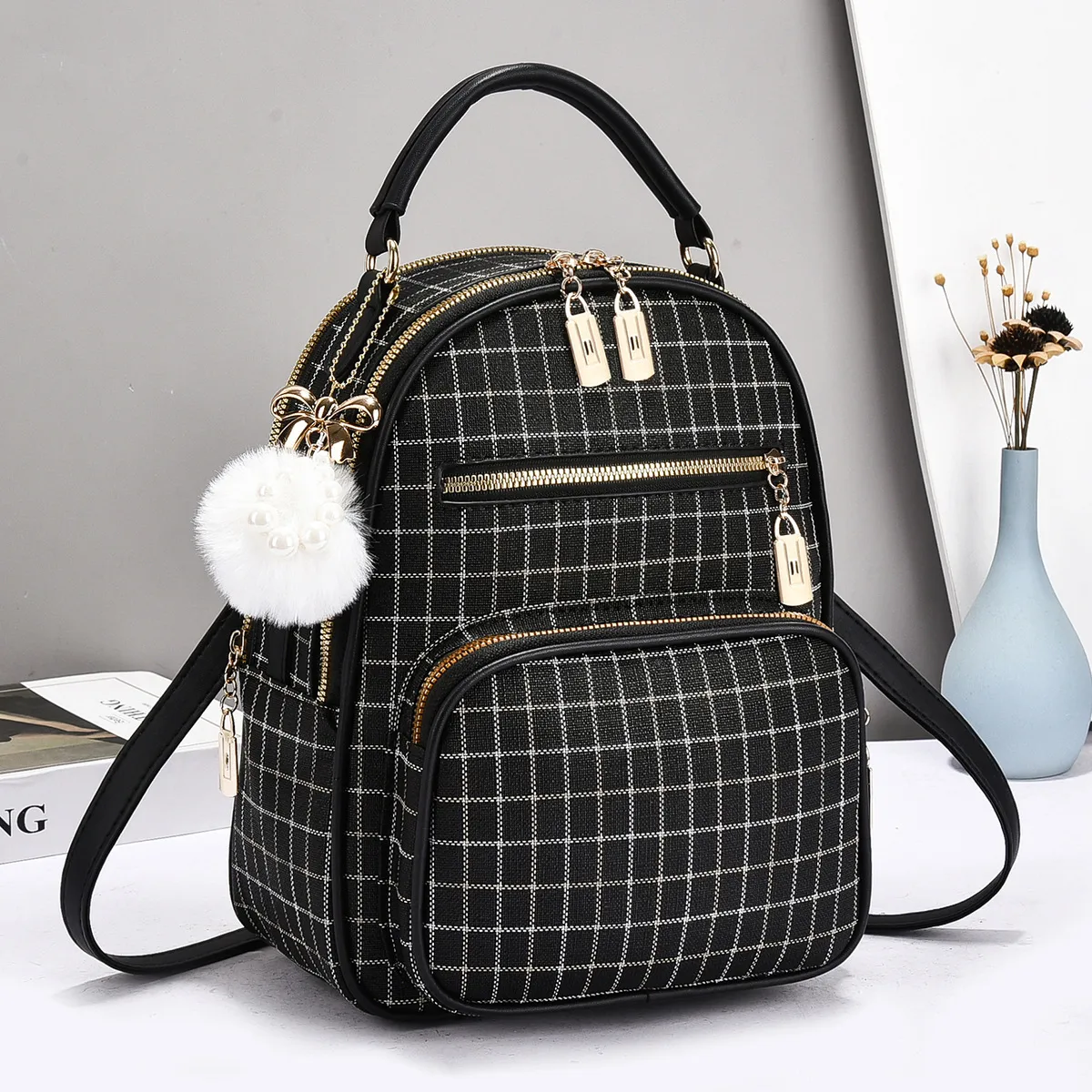 Plaid Women's Backpack With Wear-Resistant Design, Featuring Fluff Ball Detail, Made Of PU Main image