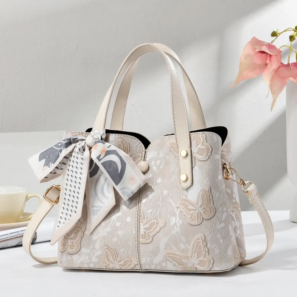 Butterfly Square PU Leather Tote Bag With Sewing Thread Detail, Top Handle Design For Spring And Summer