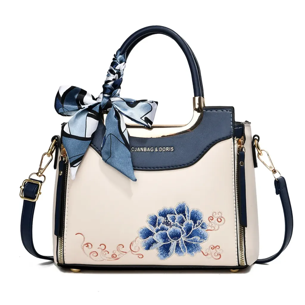 Color Block Square Tote Bag In PU Leather With Embroidery, Featuring Top Handle Design For Women