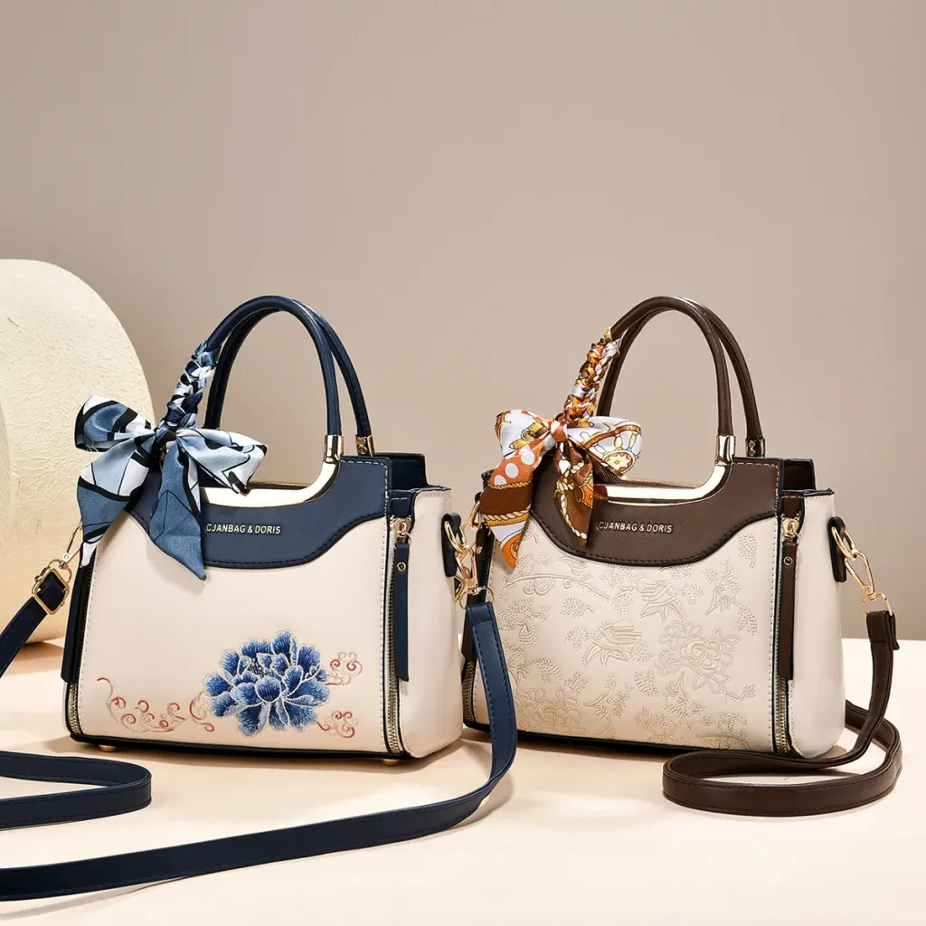 Color Block Square Tote Bag In PU Leather With Embroidery, Featuring Top Handle Design For Women