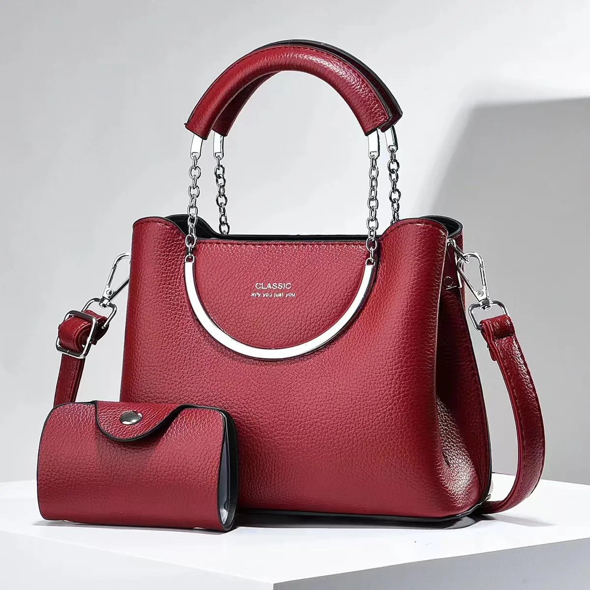 Vintage Style Medium Solid Color PU Leather Bucket Bag Set For Women With Zipper Closure Main image