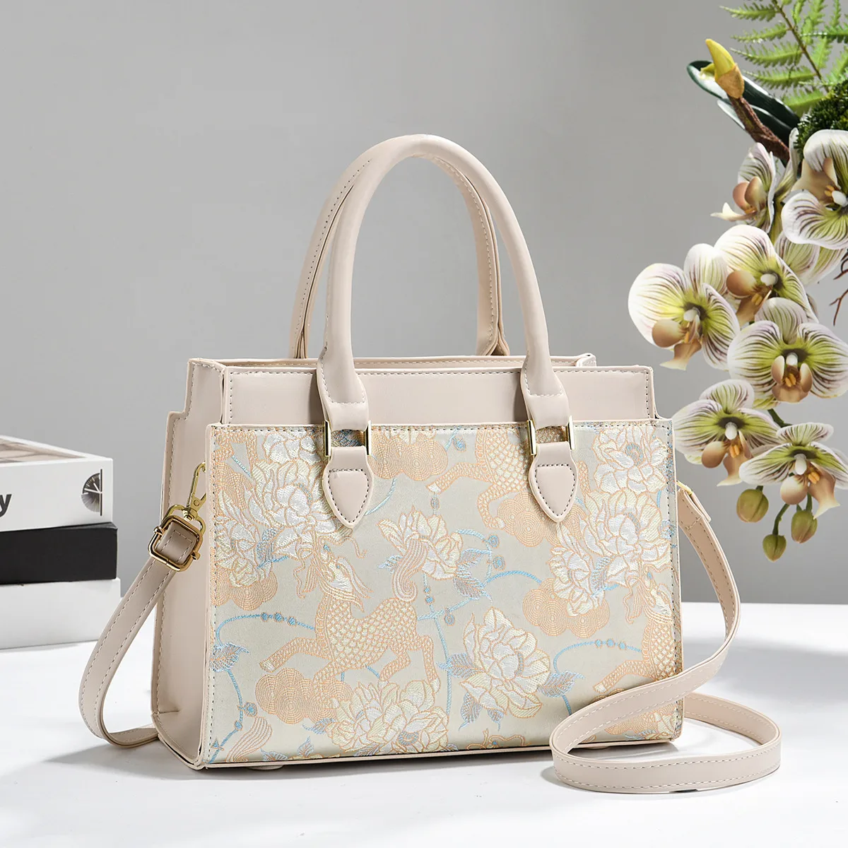 Square PU Leather Handbag For Women With Embroidered Floral Design And Top Handle Style