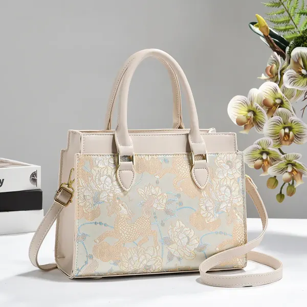 Square PU Leather Handbag For Women With Embroidered Floral Design And Top Handle Style