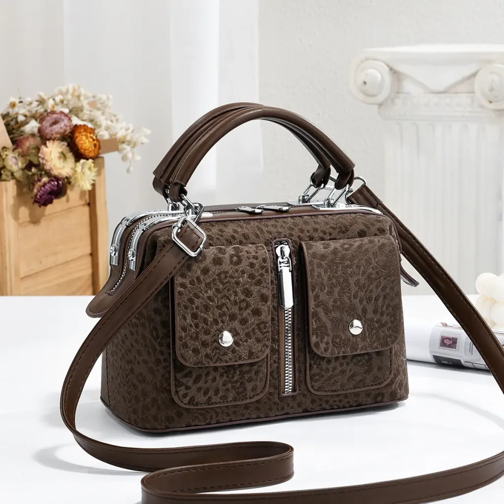 Leopard Print Boston Bag In PU Leather With Sewing Thread Detail, Featuring A Top Handle For Women