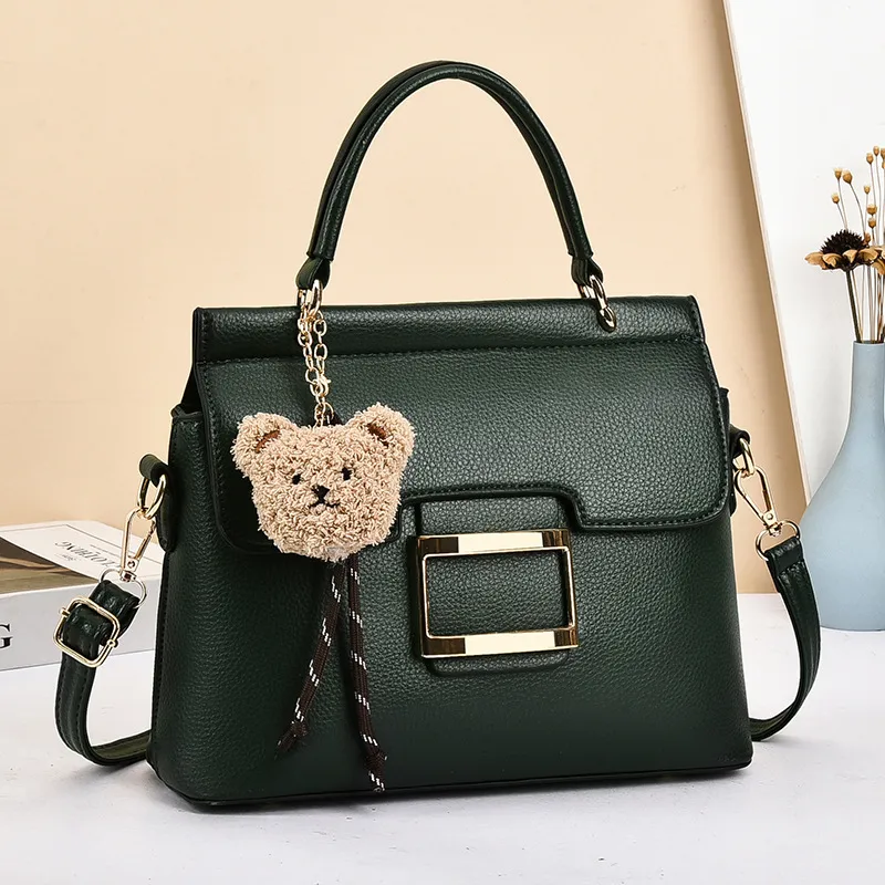 Little Bear Square PU Leather Handbag For Women With Metal Button And Top Handle