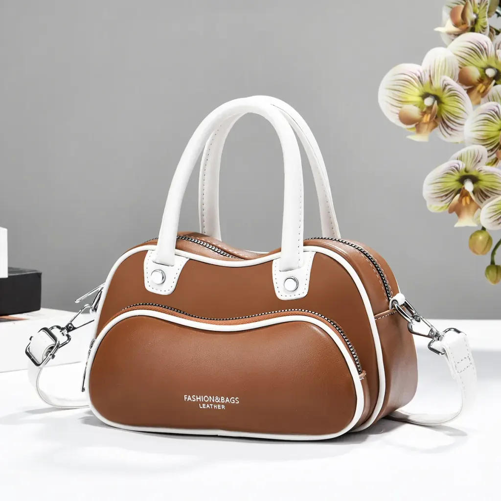 Women’s Color Block Boston Bag In PU Leather With Sewing Thread Detail, Pillow Shape Top Handle For Spring And Summer