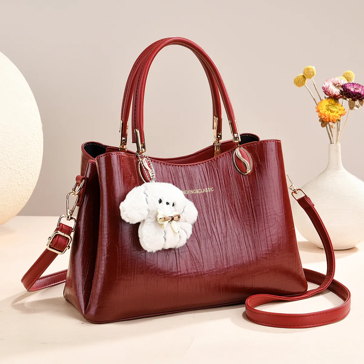Women's Square PU Leather Shoulder Bag With Sewing Thread Detail, Single Shoulder Strap Main image