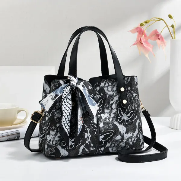 Butterfly Square PU Leather Tote Bag With Sewing Thread Detail, Top Handle Design For Spring And Summer