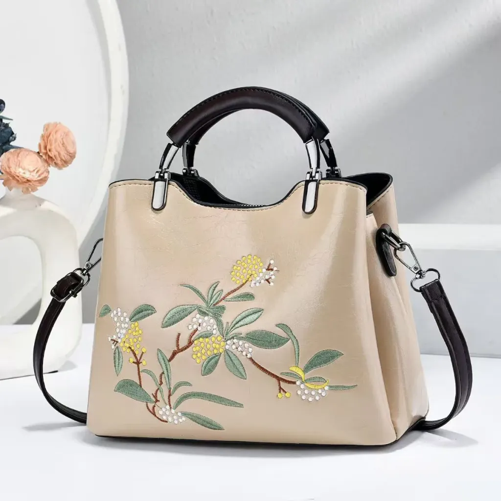 Women’s Square PU Leather Handbag With Embroidered Flowers Featuring Top Handle