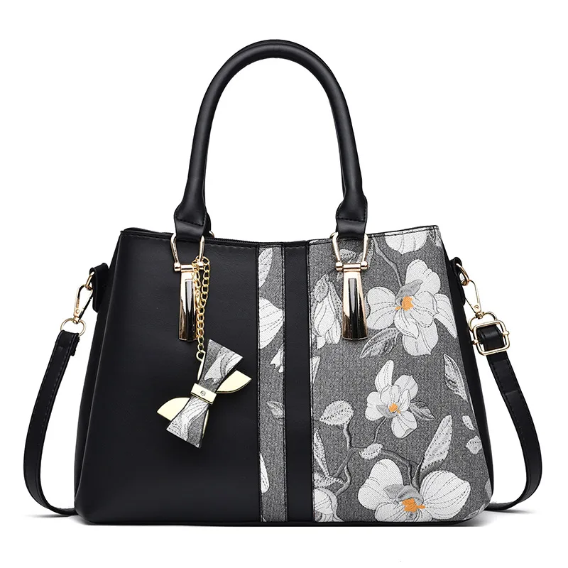 Large Classic Style Flowers PU Leather Women’s Top Handle Shoulder Bag With Zipper Closure