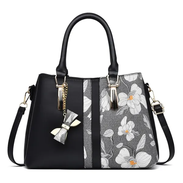 Large Classic Style Flowers PU Leather Women’s Top Handle Shoulder Bag With Zipper Closure