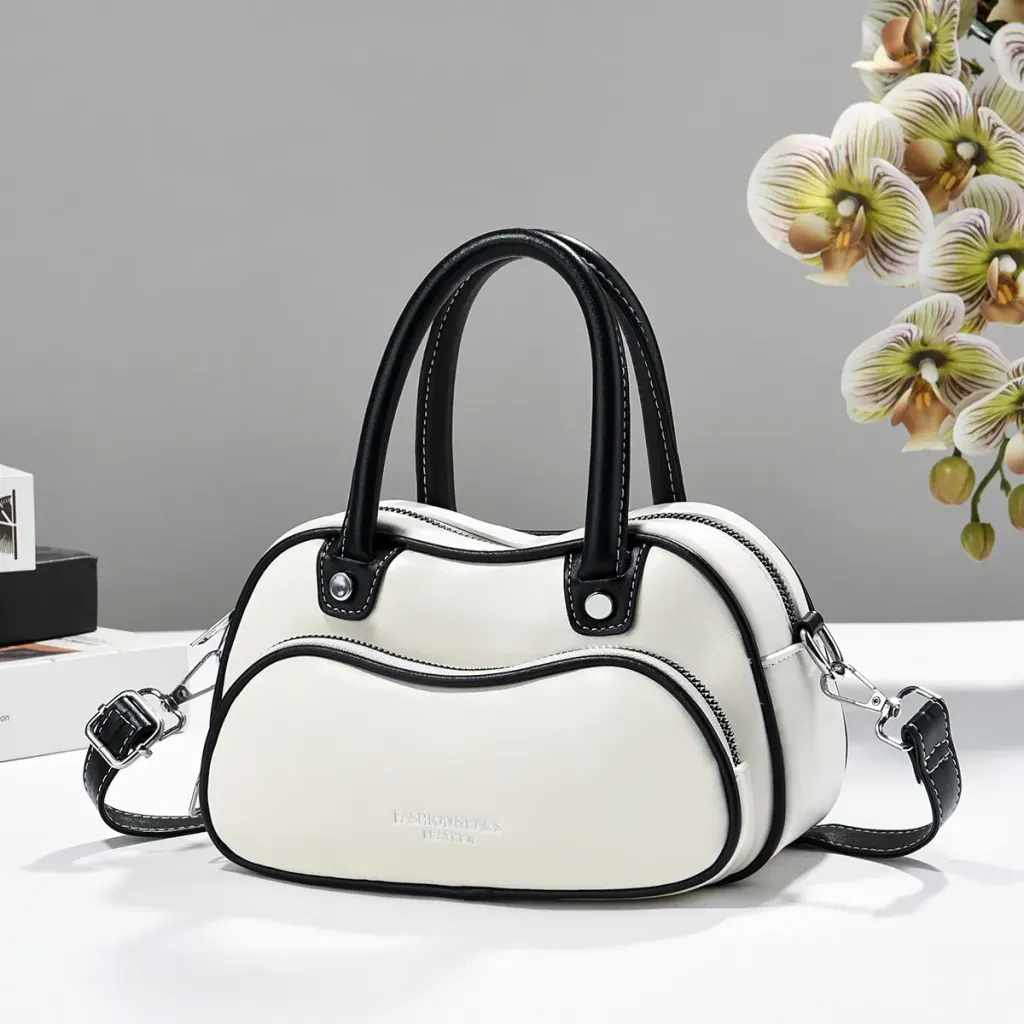 Women’s Color Block Boston Bag In PU Leather With Sewing Thread Detail, Pillow Shape Top Handle For Spring And Summer