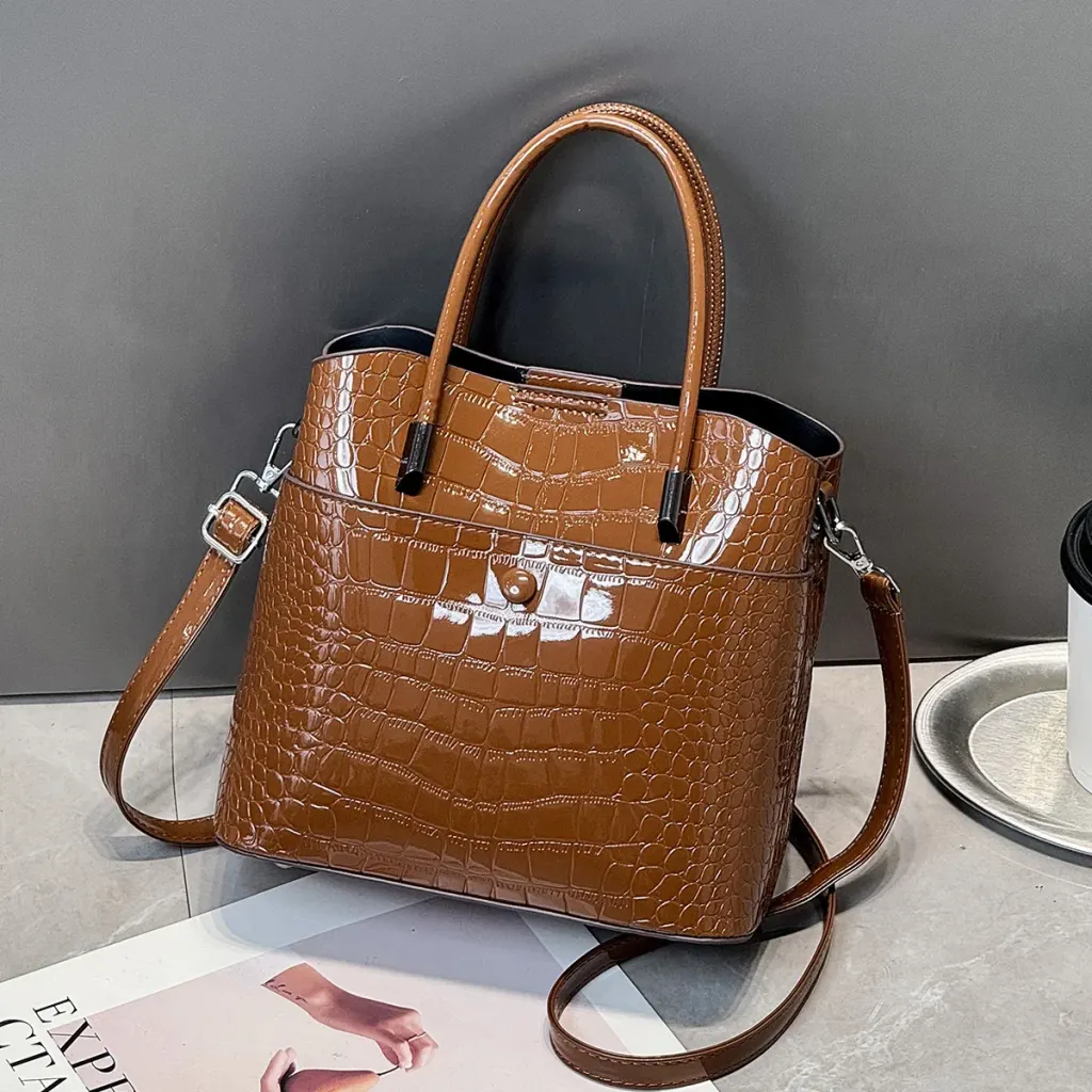 Women’s Crocodile Pattern Square PU Leather Tote Bag With Top Handle, Large Capacity Bucket Bag
