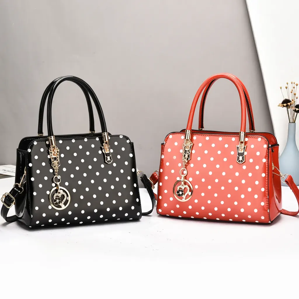 Women’s Patent Leather Boston Bag With Polka Dots And Square Shape Featuring Sewing Thread