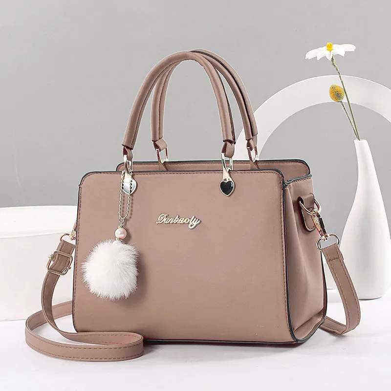 Fashion Large Solid Color Women Top Handle Bag In PU Leather With Fluff Ball And Zipper Closure
