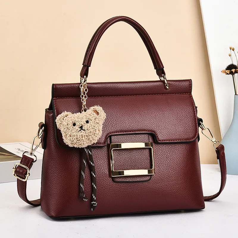 Little Bear Square PU Leather Handbag For Women With Metal Button And Top Handle