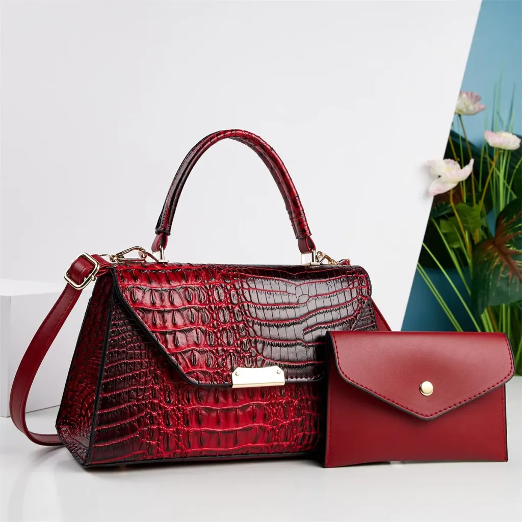 Women’s Crocodile Pattern Square PU Leather Bag Set With Sewing Thread Detail, Featuring Single Shoulder Strap