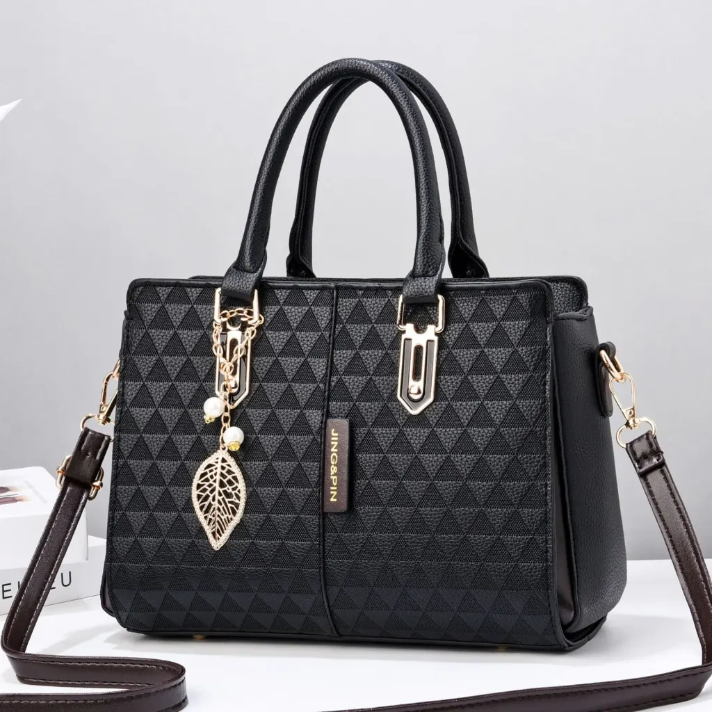 Elegant Large Square PU Tote Bag For Women With Braid Detail And Zipper Closure Featuring Leaves Pattern