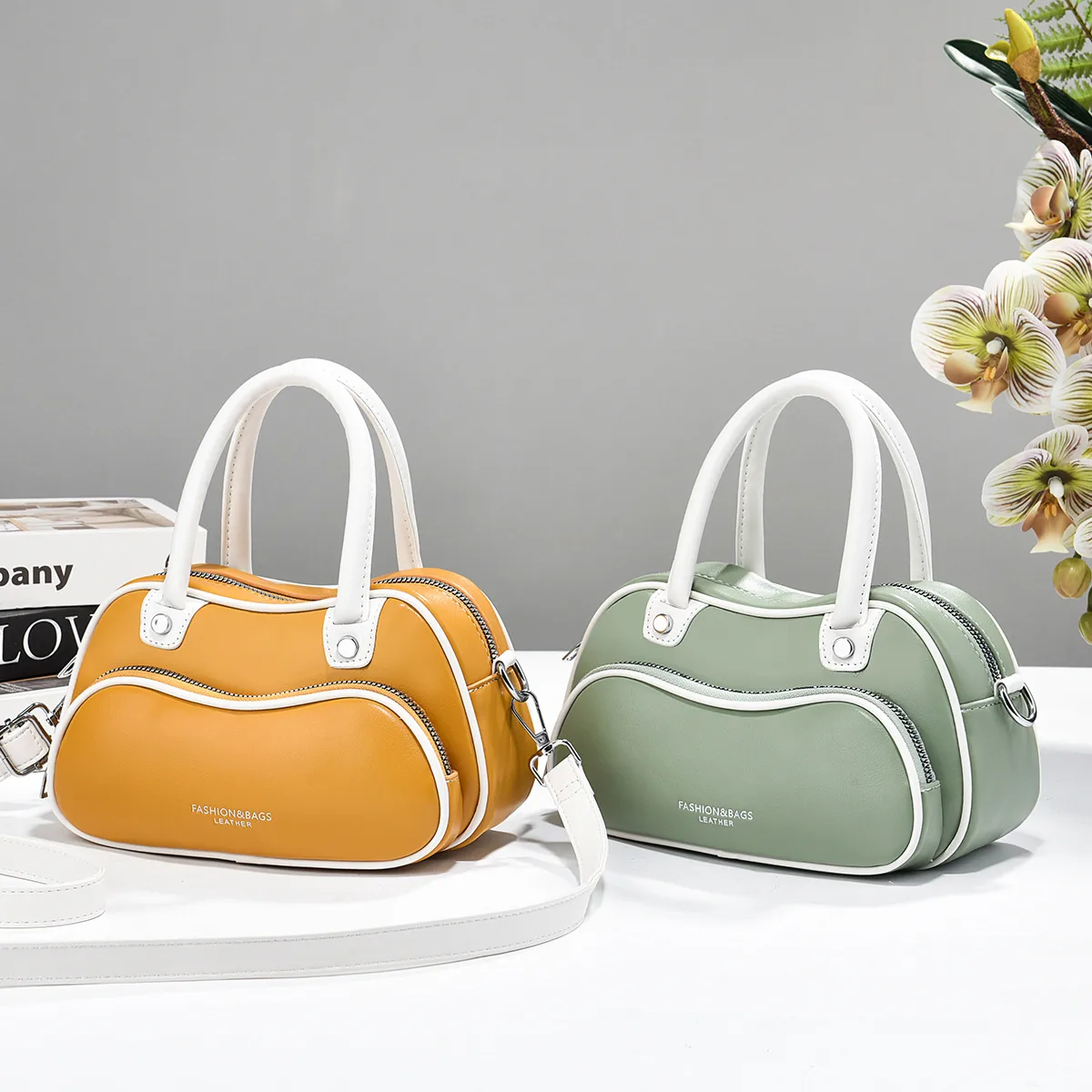 Women’s Color Block Boston Bag In PU Leather With Sewing Thread Detail, Pillow Shape Top Handle For Spring And Summer Main image