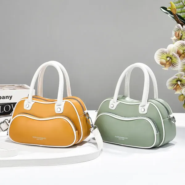 Women’s Color Block Boston Bag In PU Leather With Sewing Thread Detail, Pillow Shape Top Handle For Spring And Summer