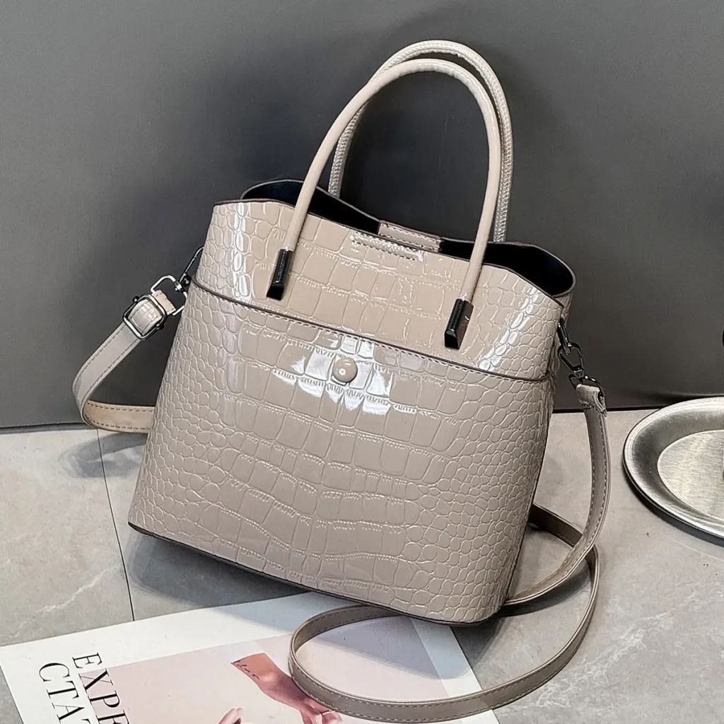 Women’s Crocodile Pattern Square PU Leather Tote Bag With Top Handle, Large Capacity Bucket Bag
