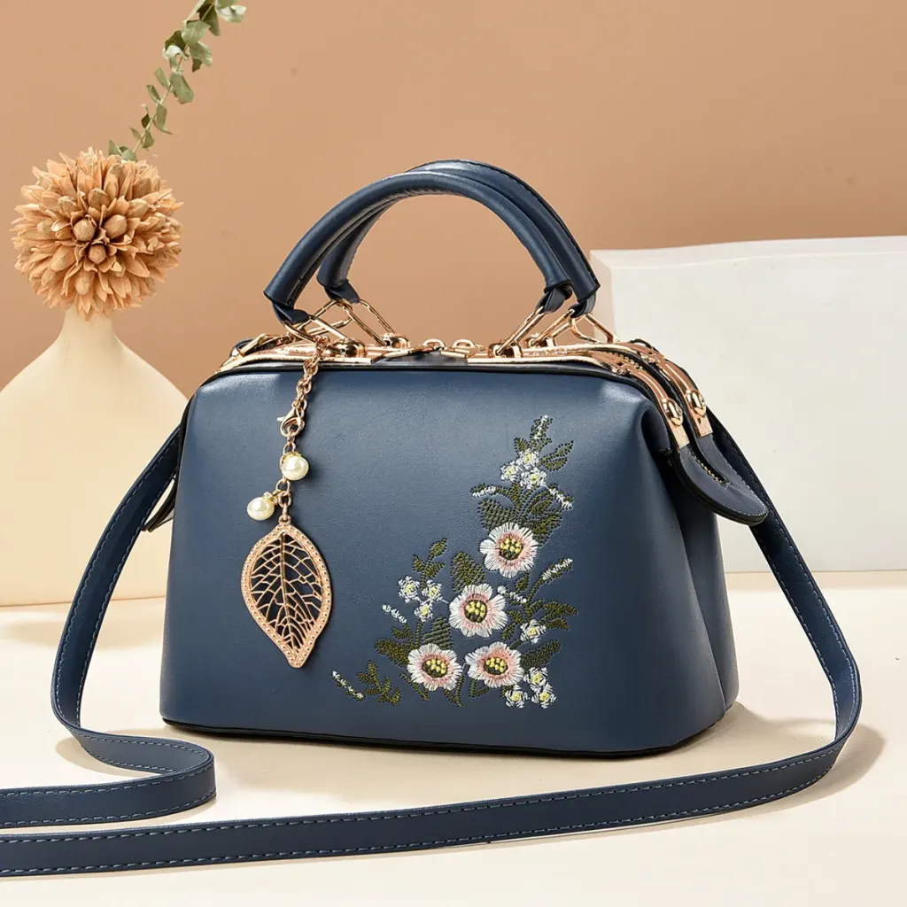 Medium Square PU Leather Bag With Embroidery And Zipper Closure, Stylish Vintage European And American Design