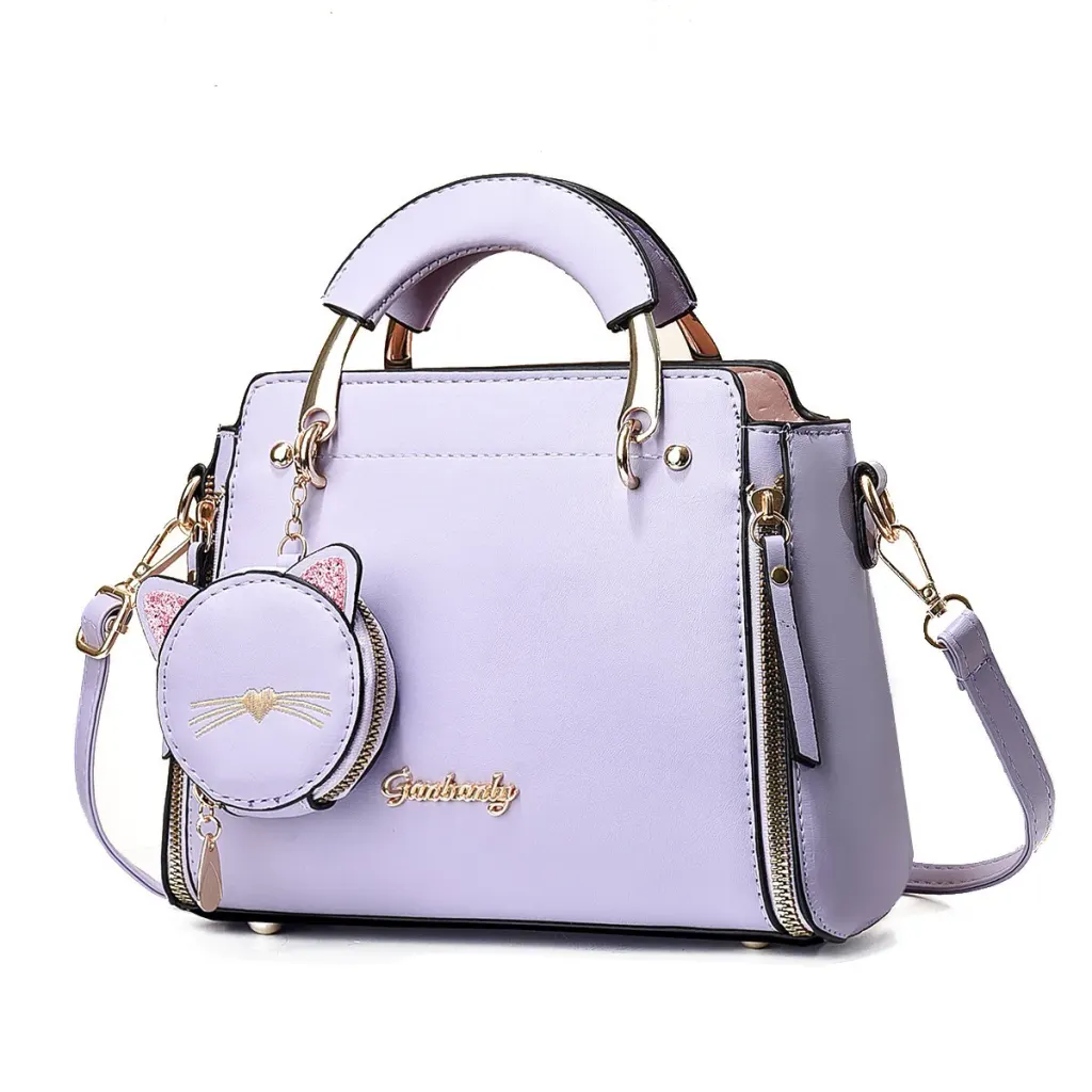 Women’s PU Leather Cat Handbag With Square Shape And Sewing Thread Detail, Featuring Top Handle Design