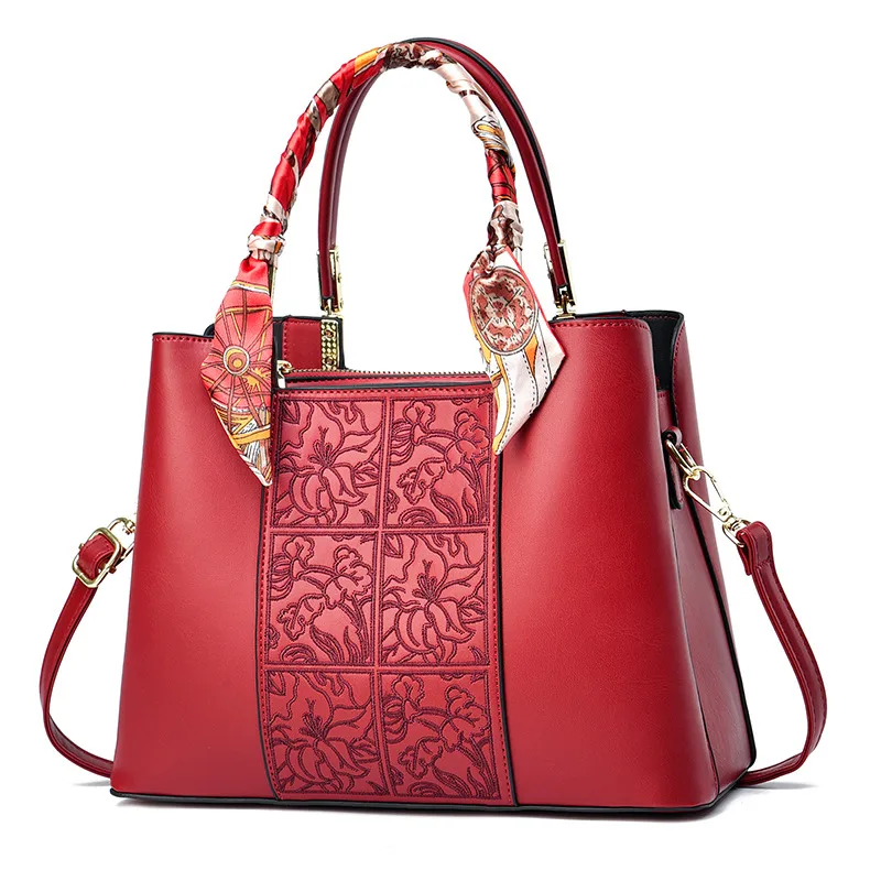 Women’s Square Splicing Diaper Backpack In PU Leather With Embroidery Detailing