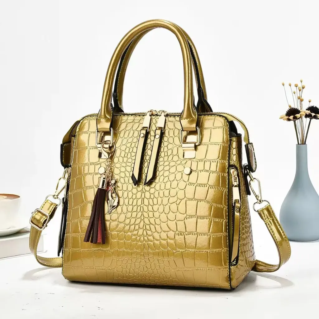 Crocodile Pattern Square Shoulder Bag For Women In Patent Leather With Sewing Thread Detail And Single Shoulder Strap