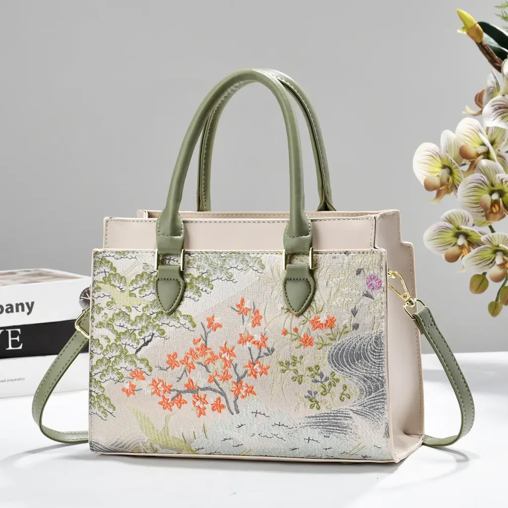 Square PU Leather Handbag For Women With Embroidered Floral Design And Top Handle Style