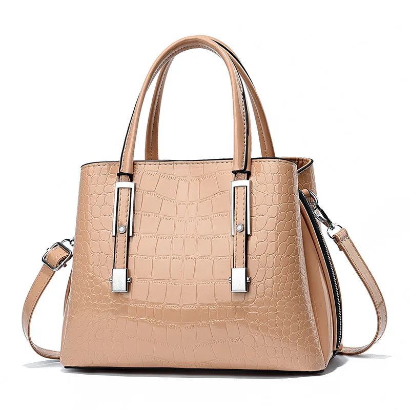 Women’s Pu Leather Top Handle Bag In Stone Pattern With Sewing Thread Detail And Zipper Closure