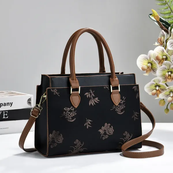 Square PU Leather Handbag For Women With Embroidered Floral Design And Top Handle Style