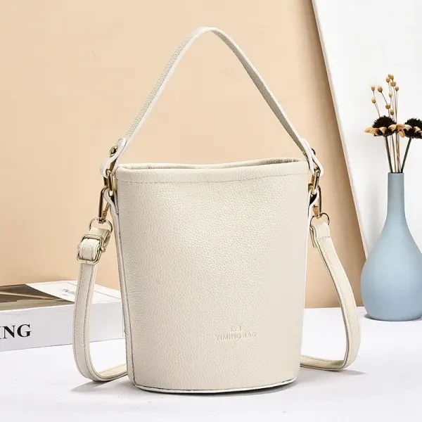 Women's PU Leather Bucket Bag Featuring Sewing Thread Details In Solid Color