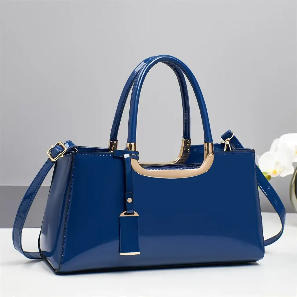 Women’s Square Patent Leather Handbag With Sewing Thread Detail, Top Handle And Large Capacity