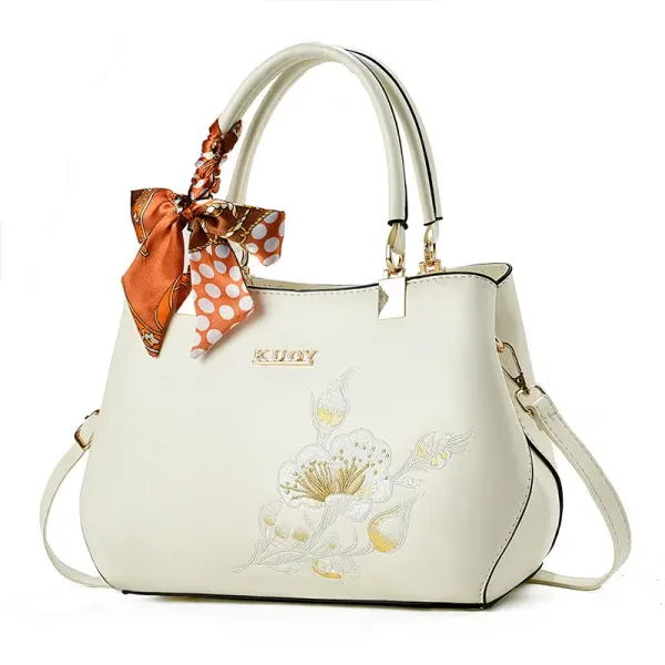 Women’s Square PU Leather Handbag With Embroidered Flowers, Featuring Top Handle For Elegant Style