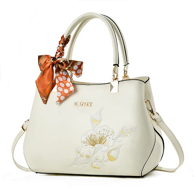 Women’s Square PU Leather Handbag With Embroidered Flowers, Featuring Top Handle For Elegant Style Main image