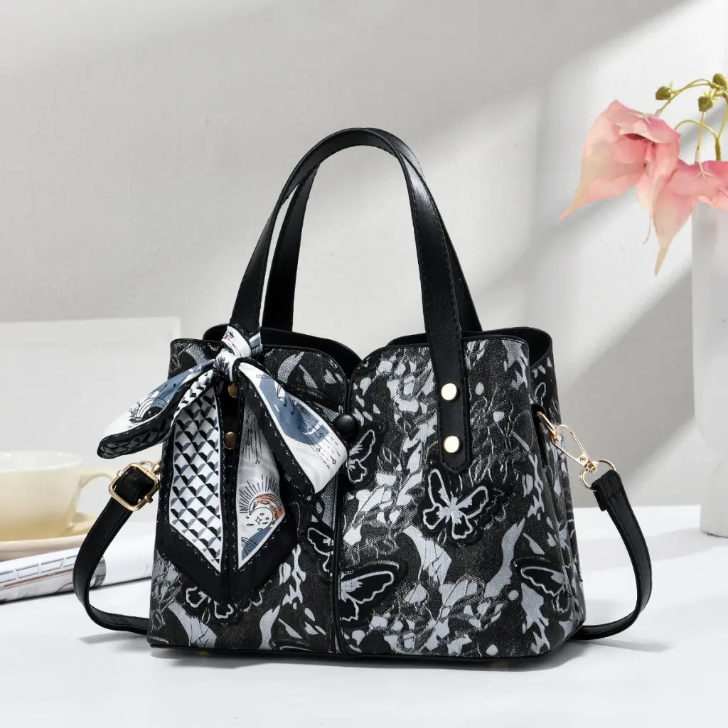 Butterfly Square PU Leather Tote Bag With Sewing Thread Detail, Top Handle Design For Spring And Summer