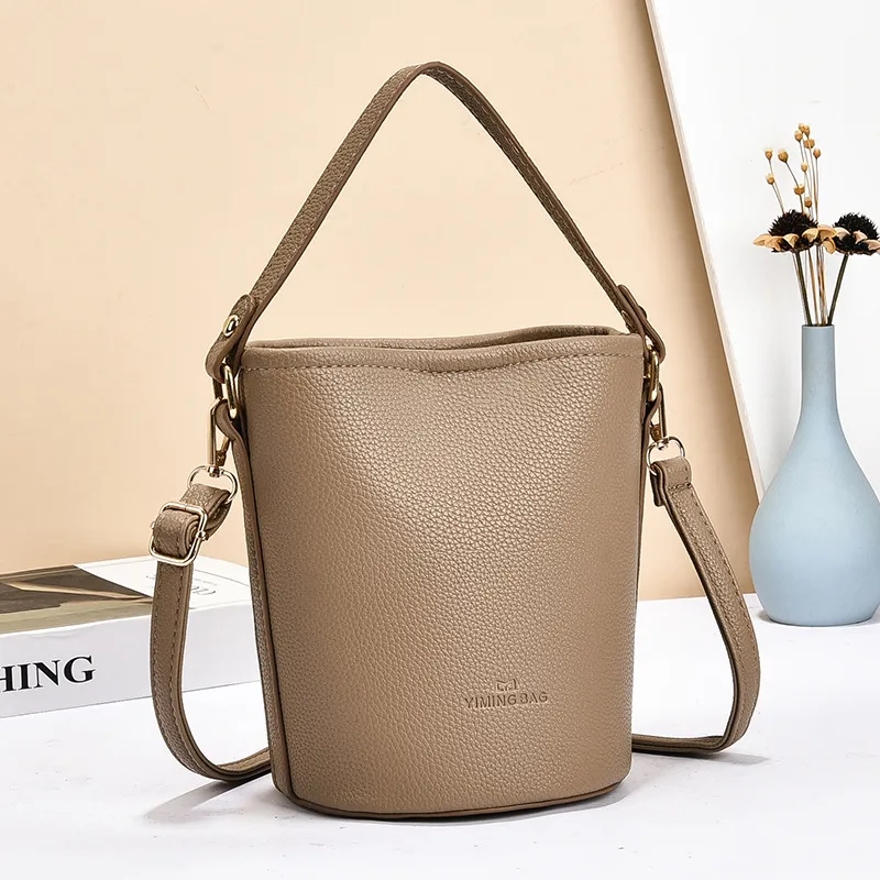 Women's PU Leather Bucket Bag Featuring Sewing Thread Details In Solid Color