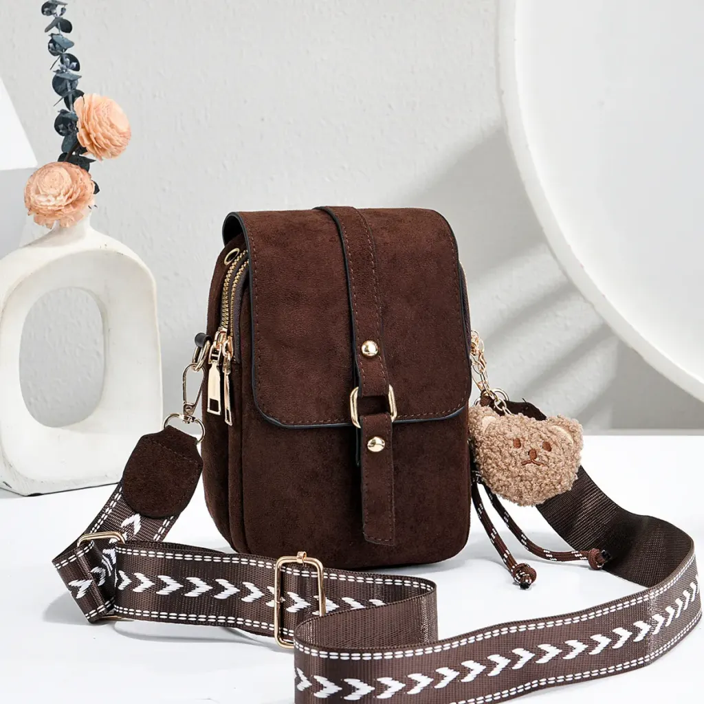 Little Bear Square PU Leather Phone Wallet For Women Featuring Sewing Thread Design