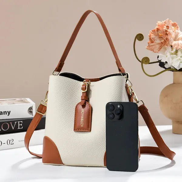 Color Block PU Leather Bucket Bag With Sewing Thread Detail, Featuring Top Handle