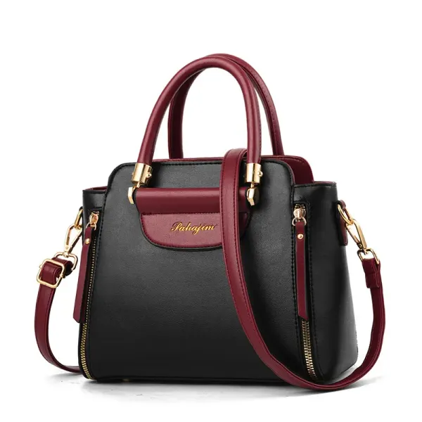 Large Color Block Top Handle Bag For Women In Pu Leather With Zipper Closure, Featuring Retro European And American Style