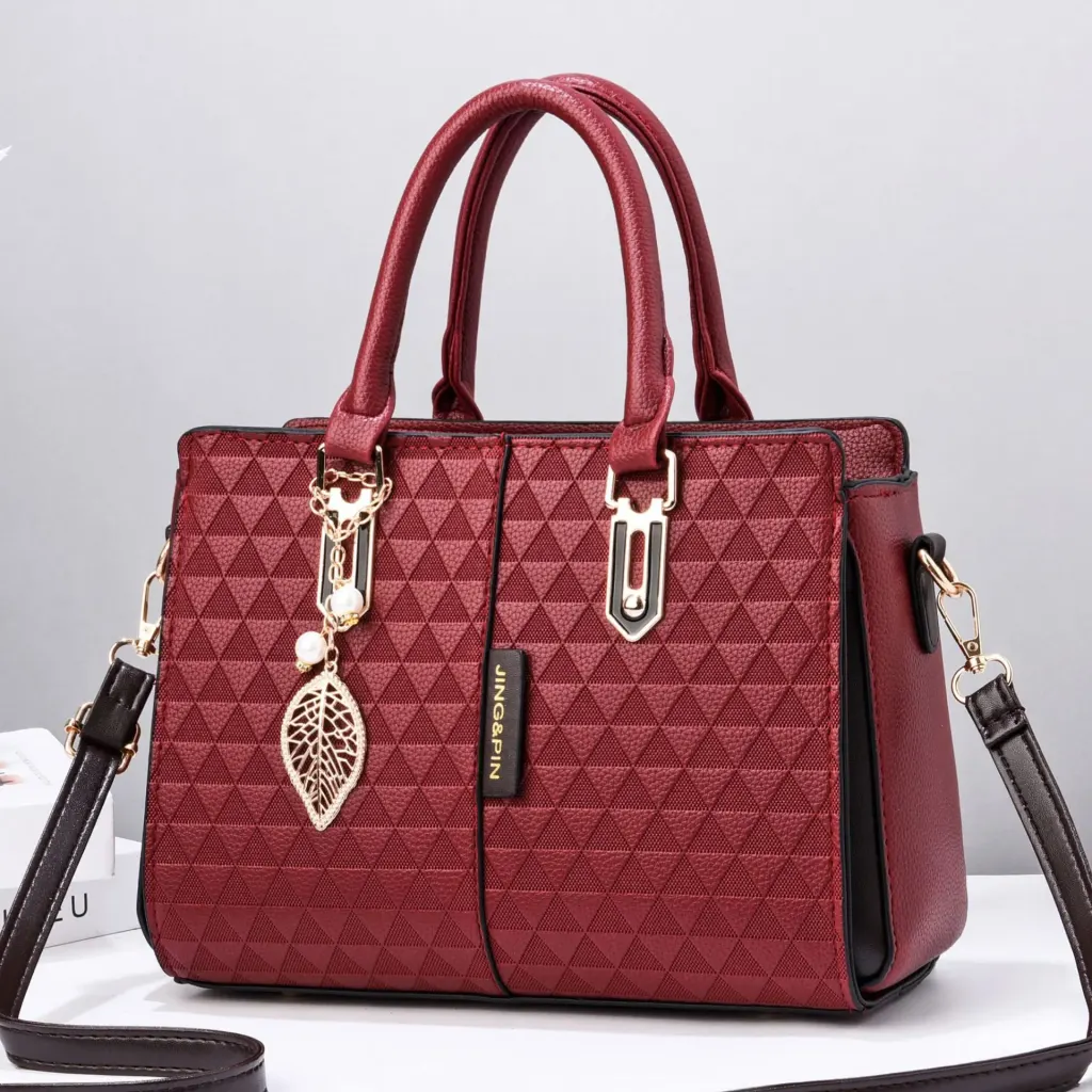 Elegant Large Square PU Tote Bag For Women With Braid Detail And Zipper Closure Featuring Leaves Pattern