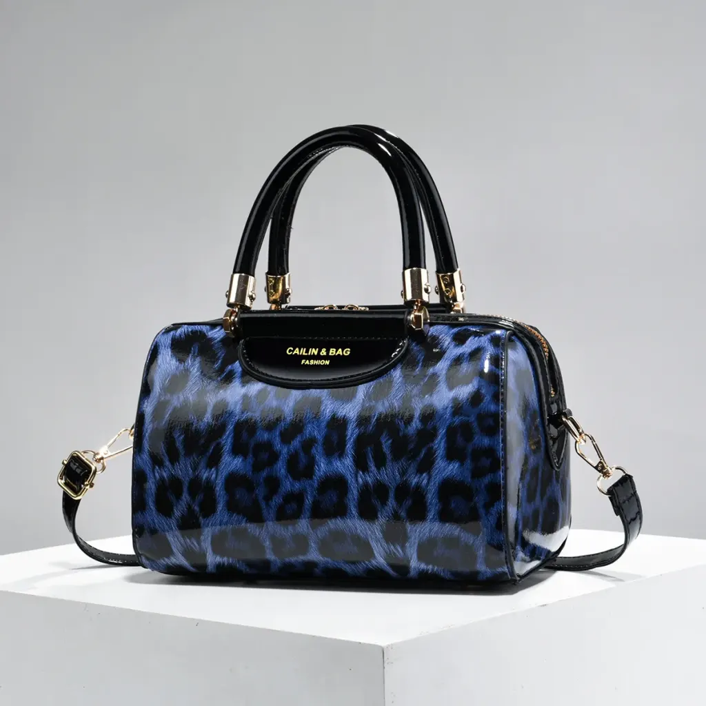 Leopard Print Pillow Shape Bag For Women In PU Leather With Sewing Thread Detail, Featuring Top Handle Design