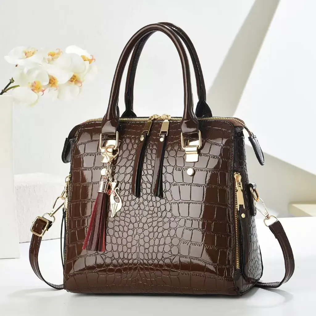 Crocodile Pattern Square Shoulder Bag For Women In Patent Leather With Sewing Thread Detail And Single Shoulder Strap