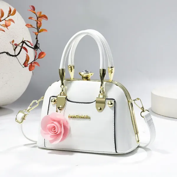 Women’s Dome Bag In Patent Leather With Shell Shape And Sewing Thread Detail, Featuring Top Handle